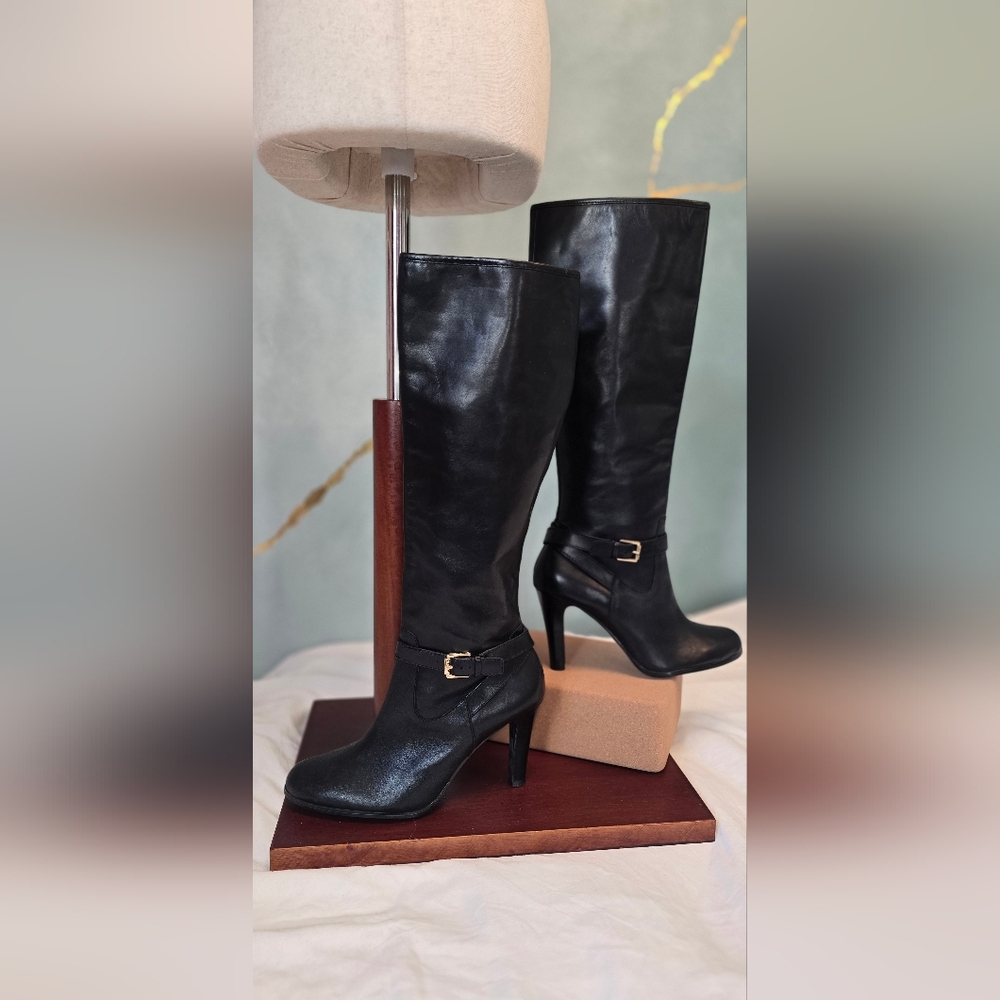 Ralph Lauren Bethan Black Leather Knee-High Heeled Boots with Gold Buckle 7.5
